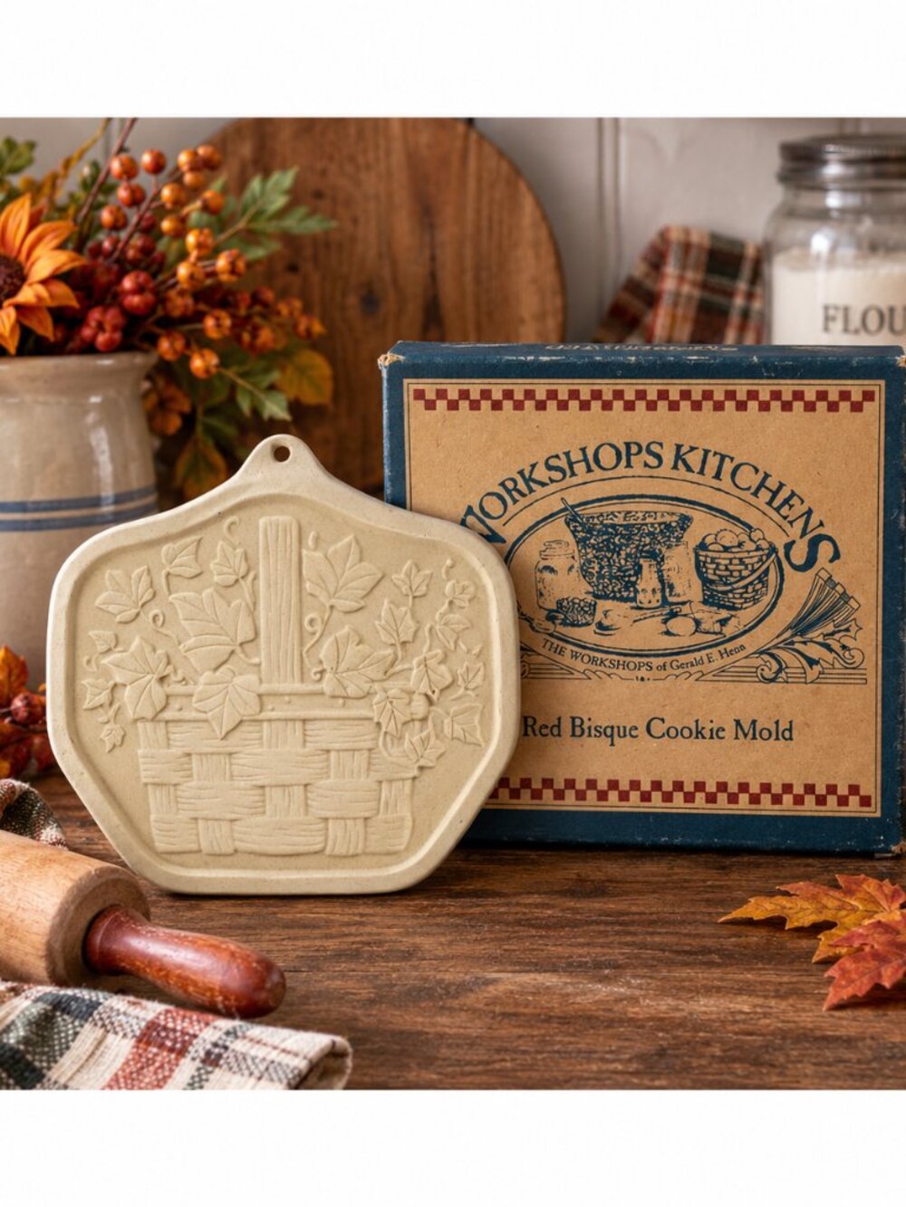 Vintage Henn Workshops Red Bisque Cookie Mold – Basket with Ivy & Leaves – Appro